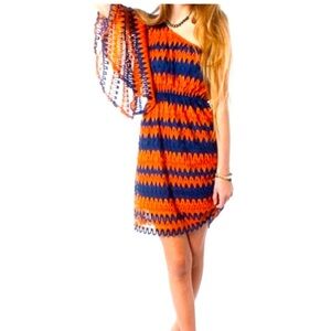 Judith March orange and blue one shoulder dress with bell sleeve. Size small